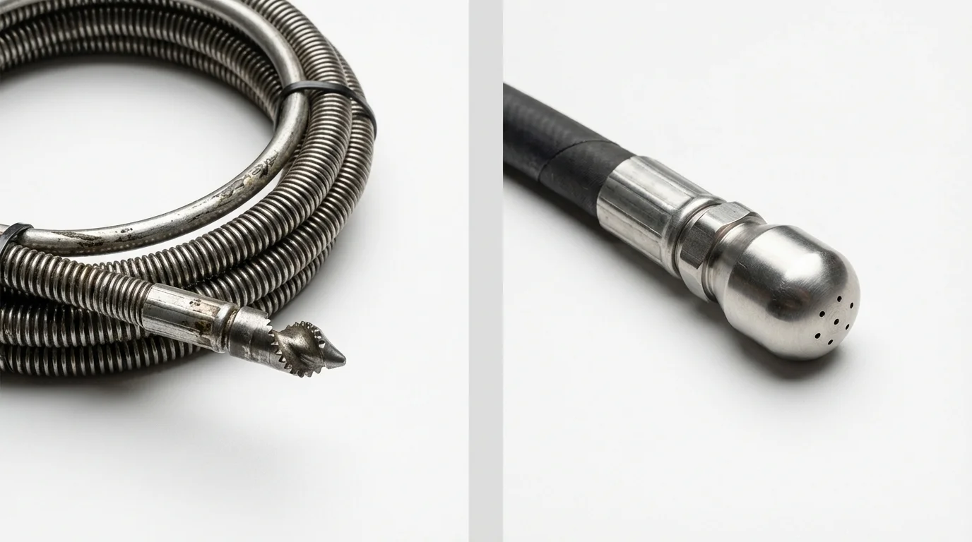 Drain snake cable and hydro jetting nozzle used for drain cleaning in Westfield, NJ