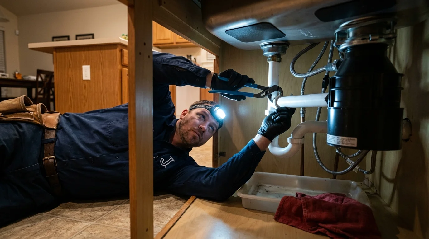 P-trap and supply line connections under a kitchen sink showing a common leak point in Westfield, NJ